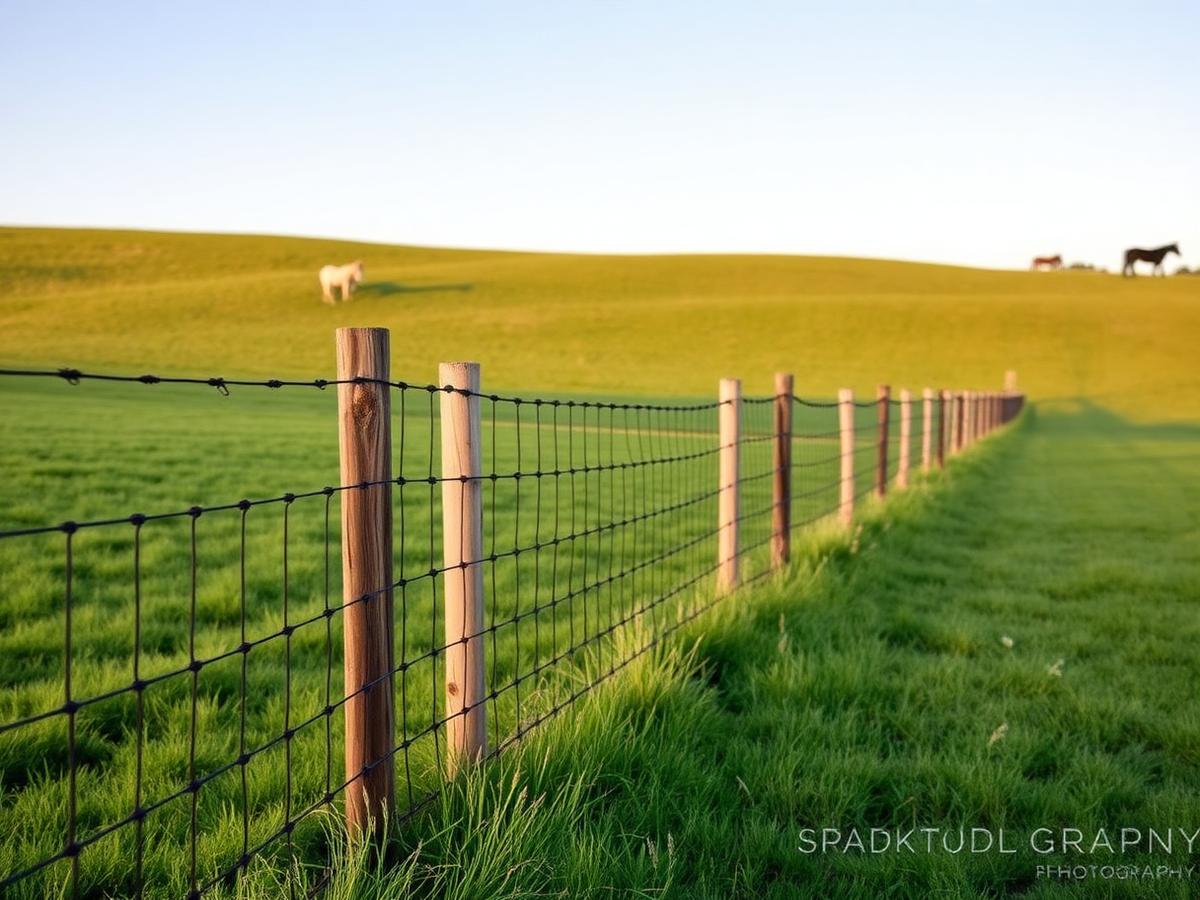 Six-acre farm fence line in woven wire across rolling Cherokee County pasture